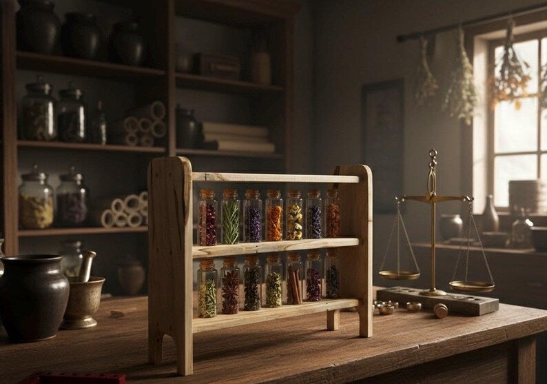 Apothecary Herb Rack with 14 Corked Vials | Spalted Maple Botanical Display | Alchemist Herb Storage | Handcrafted Heirloom Curio Shelf