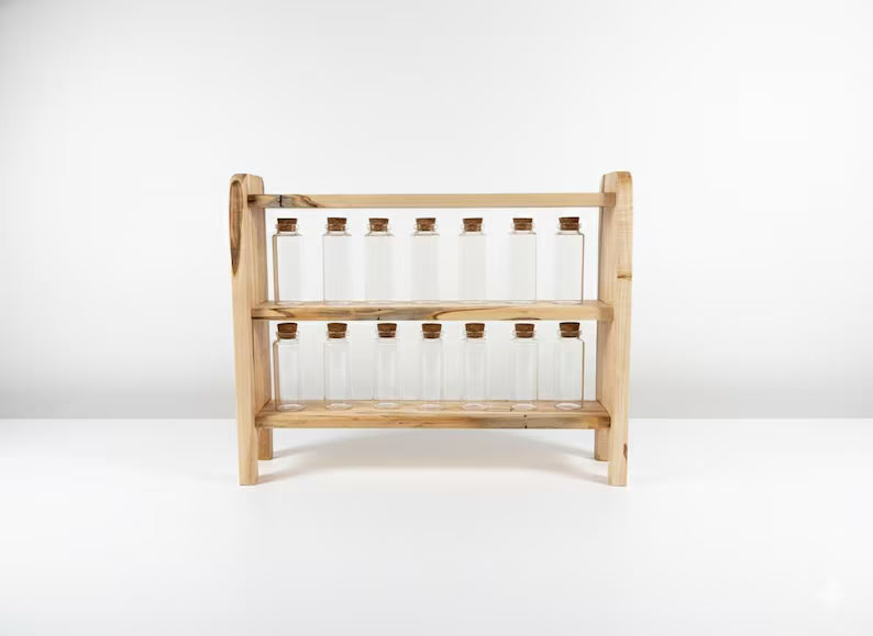 Apothecary Herb Rack with 14 Corked Vials | Spalted Maple Botanical Display | Alchemist Herb Storage | Handcrafted Heirloom Curio Shelf