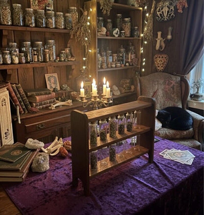 Apothecary Herb Rack with 14 Corked Vials | Spalted Maple Botanical Display | Alchemist Herb Storage | Handcrafted Heirloom Curio Shelf