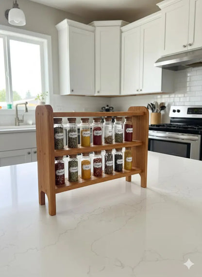 Handcrafted Heirloom Quality Spice Rack with 14 Glass Jars | Modern Farmhouse Kitchen Decor | Army Veteran Made | Countertop Herb Organizer