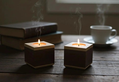 Walnut & Maple Tea Light Holder Set: Modern Rustic Wood Decor