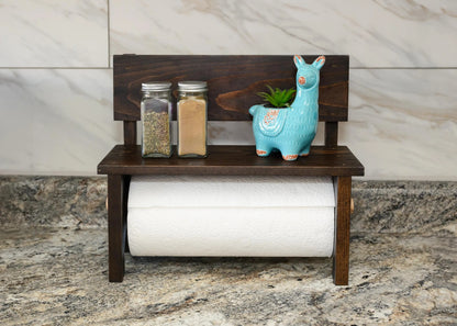 Dark Bourbon Wood Paper Towel Holder Countertop, Under Cabinet Coffee Bar Shelf, Industrial Kitchen Spice Rack, Modern Rustic Decor