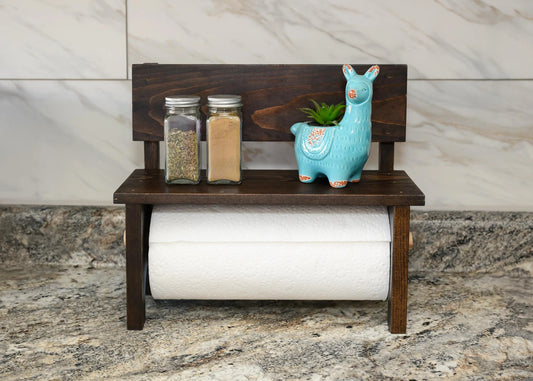Dark Bourbon Wood Paper Towel Holder Countertop, Under Cabinet Coffee Bar Shelf, Industrial Kitchen Spice Rack, Modern Rustic Decor