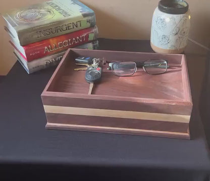 Walnut Valet Tray with Hidden Compartment - Men's EDC Dump Tray - Wooden Nightstand Organizer - Secret Storage Box for Cash or Jewelry