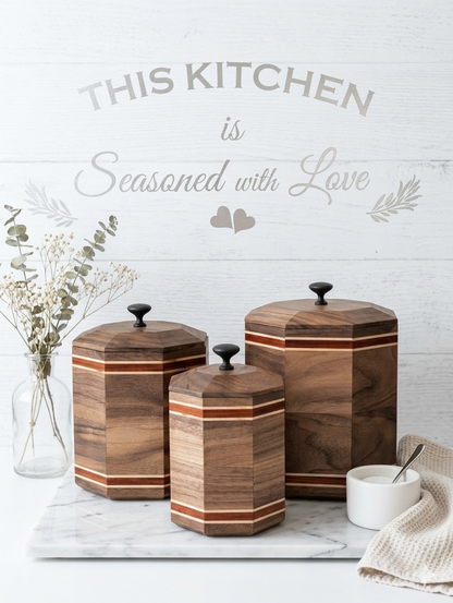3-Piece Octagon Wood Canister Set | Handmade Walnut African Padauk Ambrosia Maple